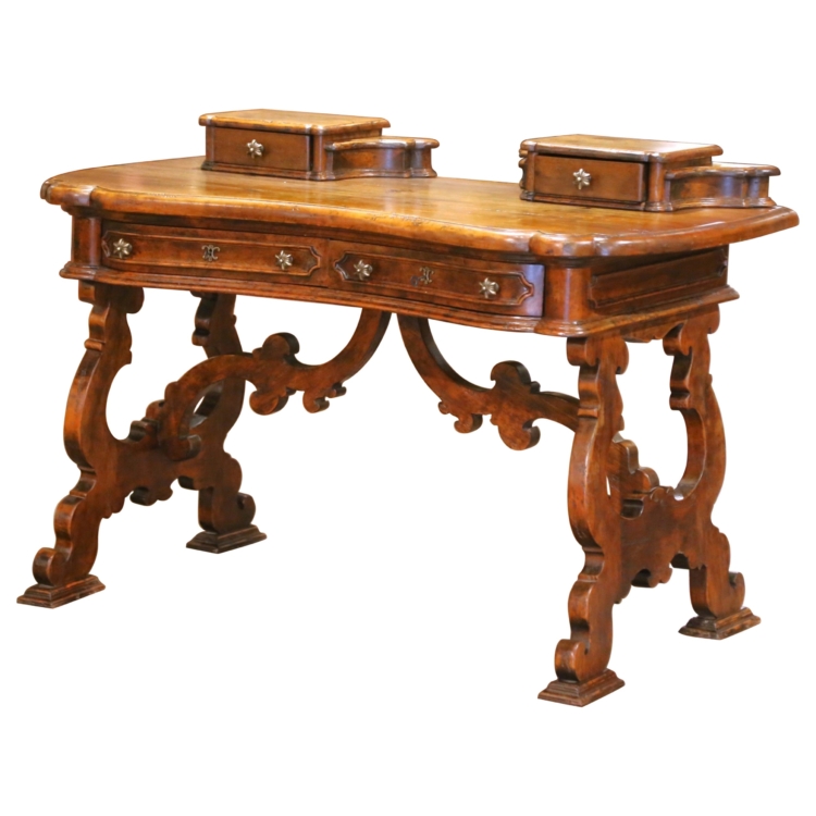19th C. Spanish Carved Walnut Serpentine Desk with Four Drawers on Trestle Base