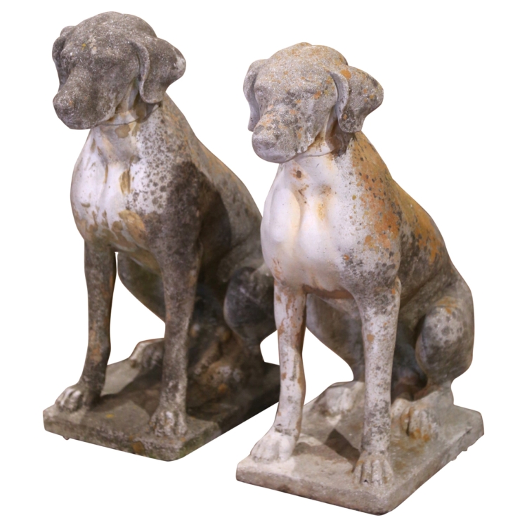 Pair of Early 20th Century French Weathered Patinated Cast Stone Dog Sculptures