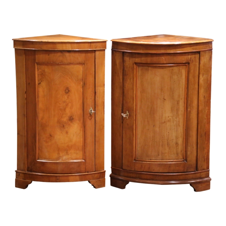 Near Pair of 19th Century French Louis Philippe Walnut Bow Front Corner Cabinets