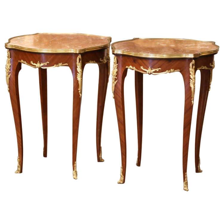 Pair of Mid-Century French Louis XV Red Marble Top Ormolu Mounted Side Tables