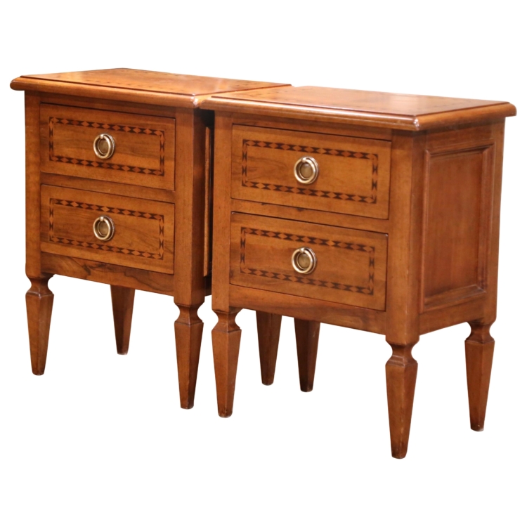 Pair of 20th C. Louis XVI Style Inlaid Walnut Nightstands with Parquetry Detail