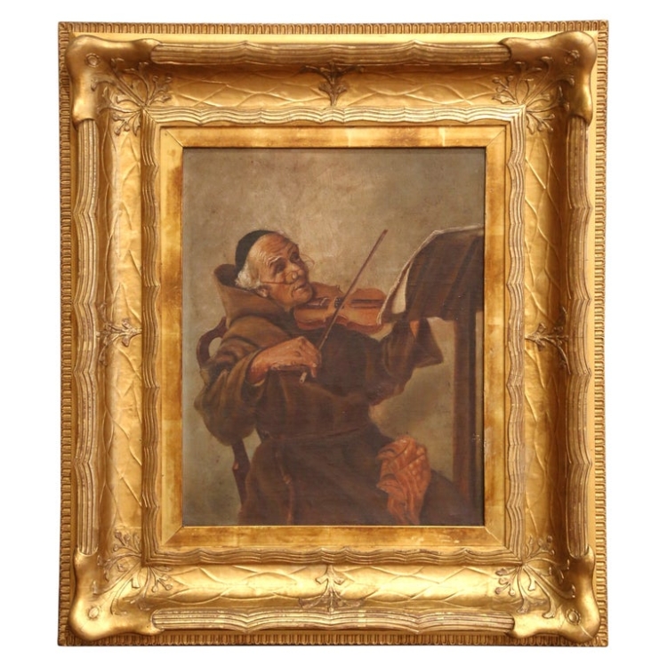 19th C. French Oil on Canvas Painting of Monk Playing Violin in Gilt Frame