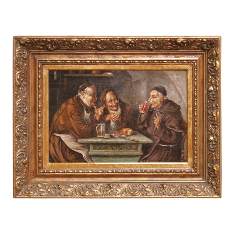 19th C. French “Monks Drinking” Oil on Board Painting in Carved Gilt Frame