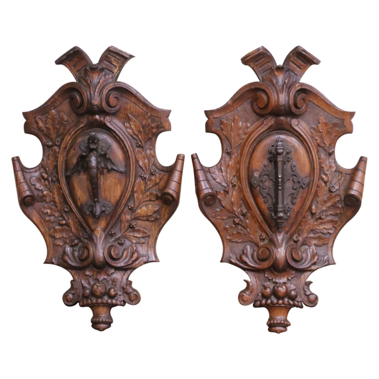 Pair of 18th C. French Carved Oak Hunting Plaques with Wrought Iron Handles