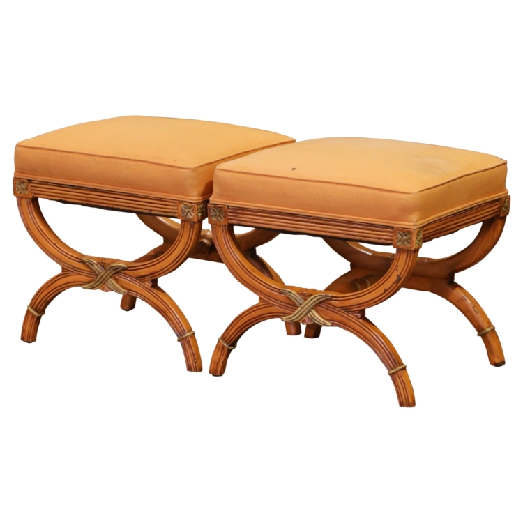 Pair of Mid-Century Italian Painted Curule Stools with Orange Upholstery