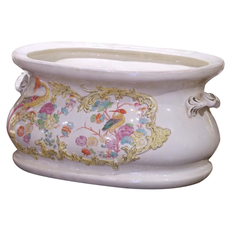 19th C. French Faience Foot Bath with Chinoiserie Birds and Gilt Floral Reliefs