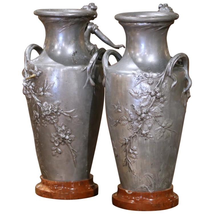 Pair of 19th Century French Pewter Vases on Marble Bases with Figural Maidens