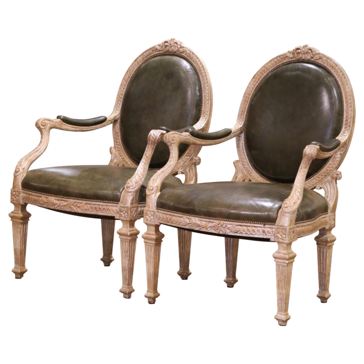 Pair of French Louis XVI Carved Oak Painted Fauteuils with Leather Upholstery