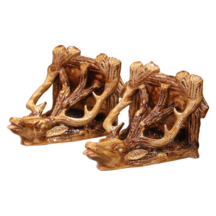Pair of Early 20th Century French Barbotine Wall Brackets with Stag Motifs