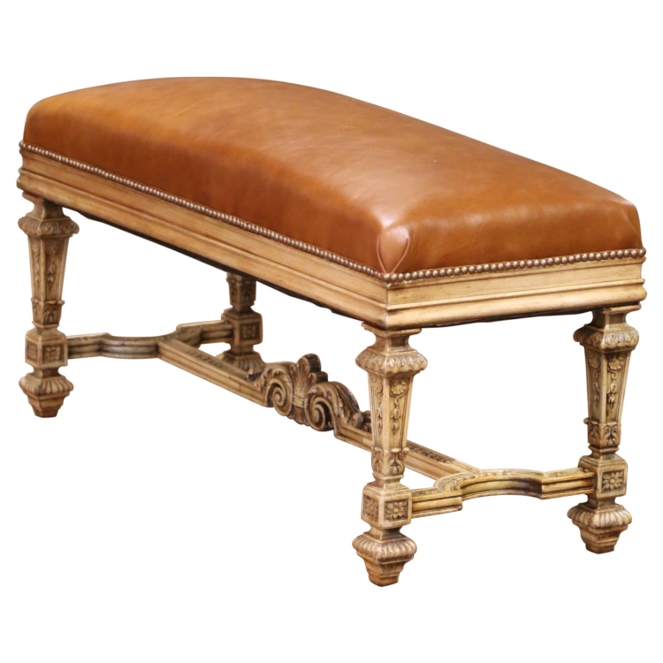 19th Century French Louis XIV Style Carved Bleached Oak Bench with Leather Seat