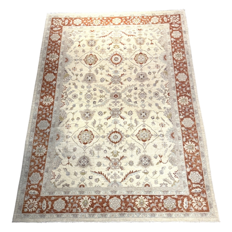 Late 20th C. Turkish Oushak-Style Hand-Knotted Wool Rug with Rust Border