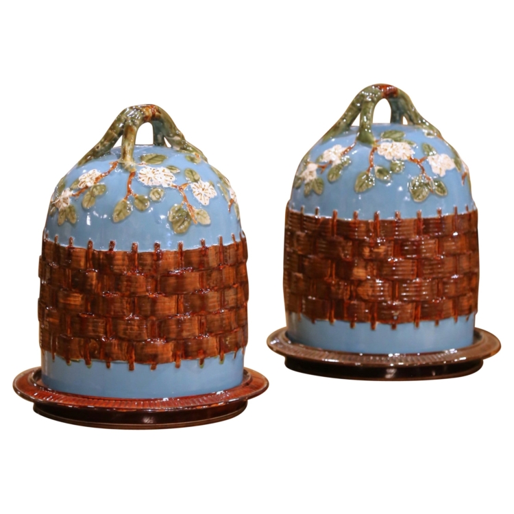 Pair of Mid-Century French Majolica Lidded Pastry or Cheese Domes with Trays