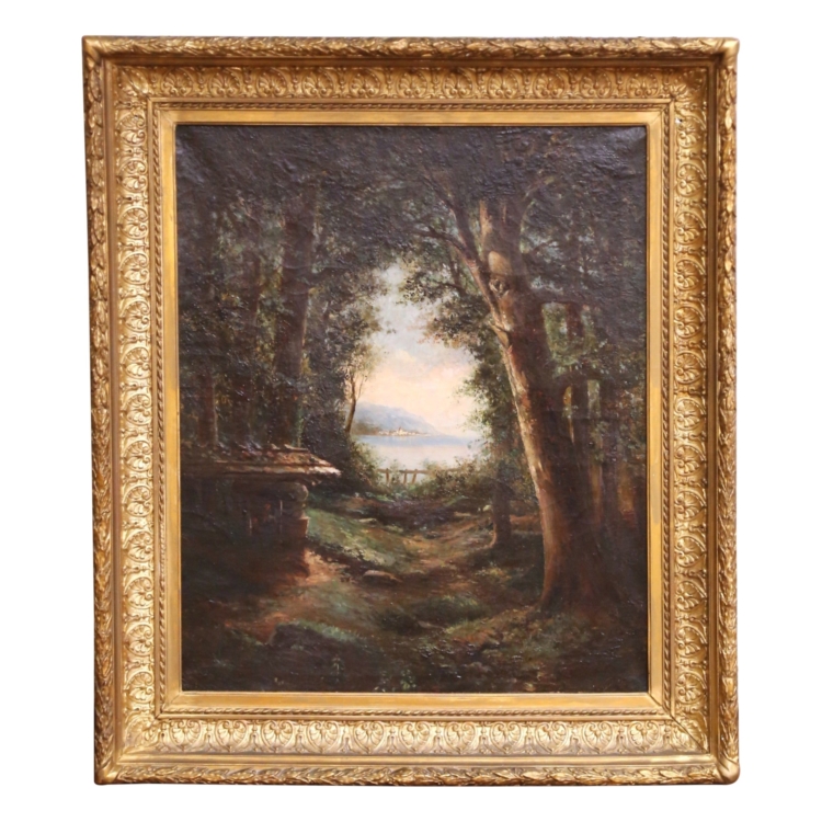 19th C. French Barbizon School Oil on Canvas Landscape in Giltwood Frame Signed