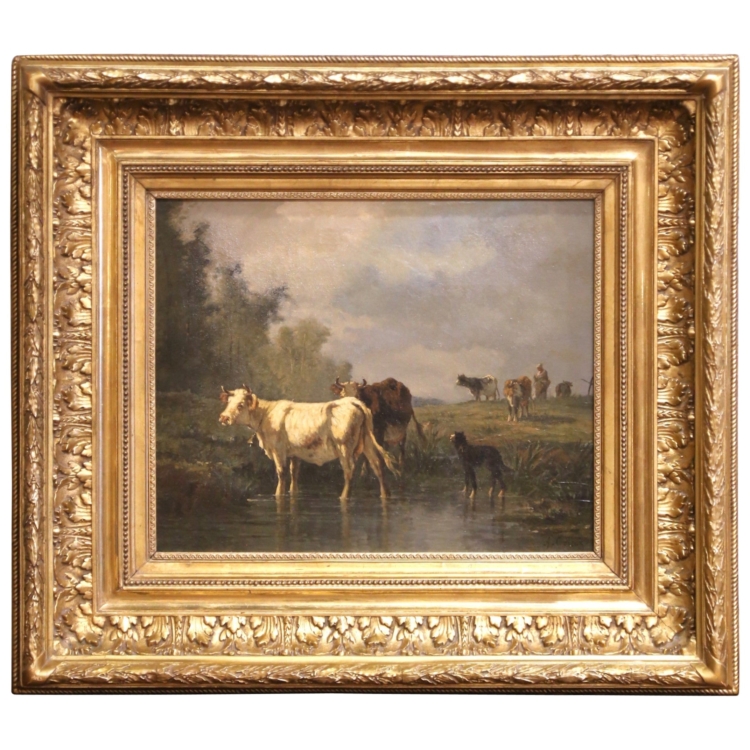 19th C. Spanish Oil Painting of Cattle Signed Antonio Cortes in Giltwood Frame