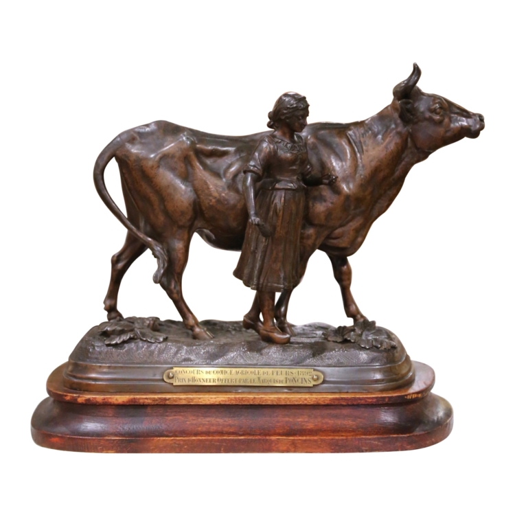 19th Century French Spelter Bull Composition on Wood Base Signed Charles Valton