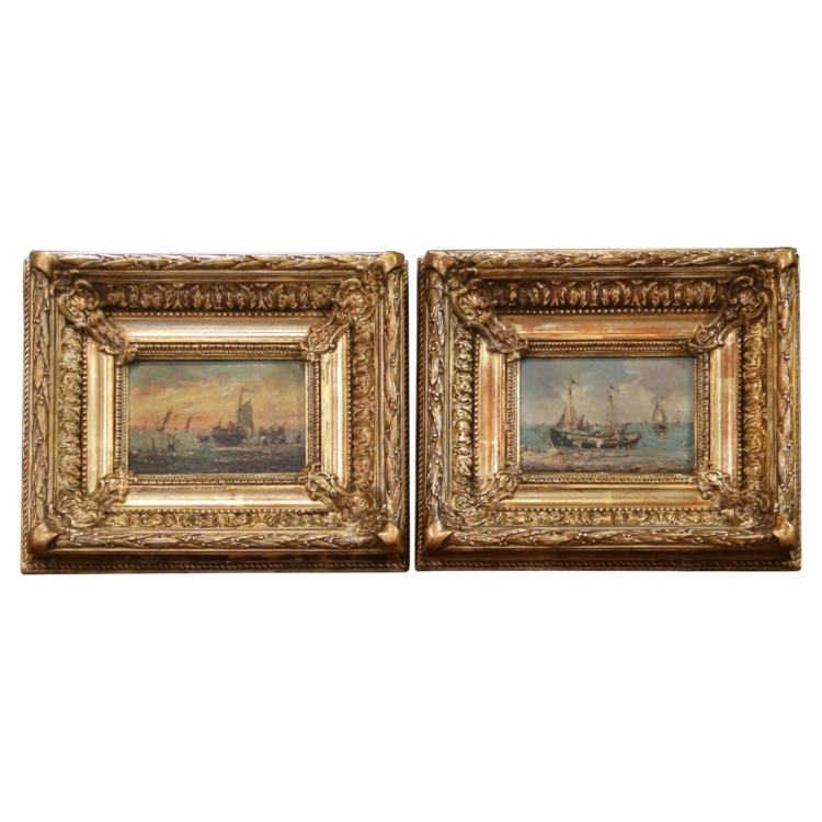 Pair of 19th Century French Marine Oil Paintings in Giltwood Frames, Dated 1878