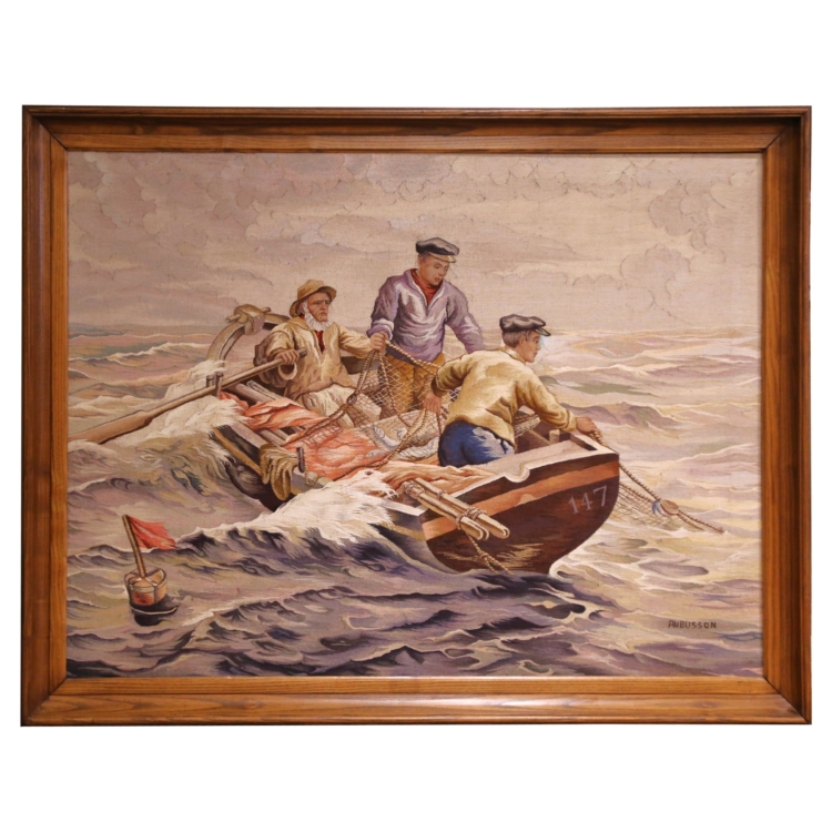 Early 20th Century French Aubusson Nautical Hand Woven Tapestry in Oak Frame