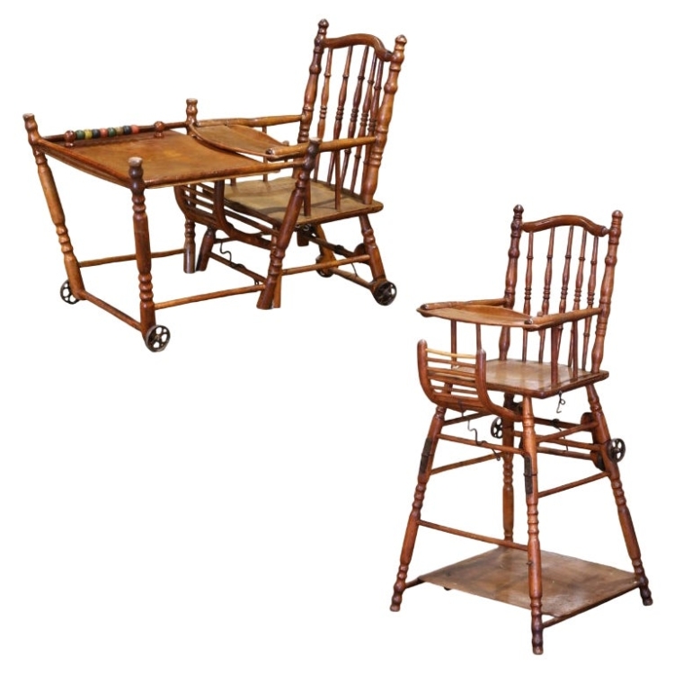 19th C. French Louis Philippe Metamorphic Walnut High Chair Into Rolling Pram