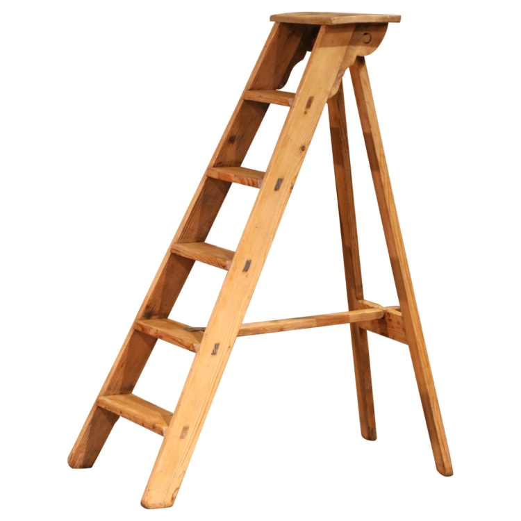 19th C. French Pine Folding Six-Step Ladder with Locking Bar Mechanism