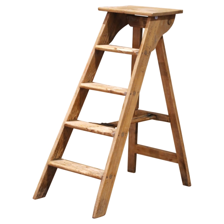 19th Century French Folding Pine Five-Step Ladder with Numbered Plaque