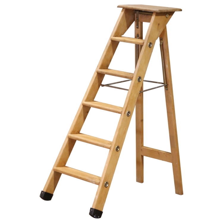 Mid Century French Six-Step Folding Pine Ladder