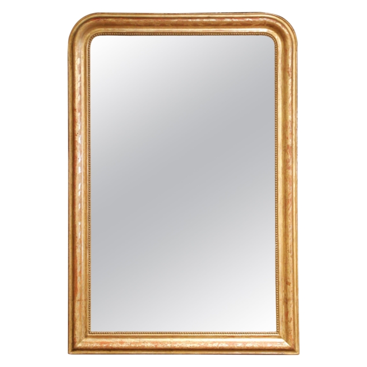19th Century French Louis Philippe Giltwood Mirror with Engraved Floral Decor