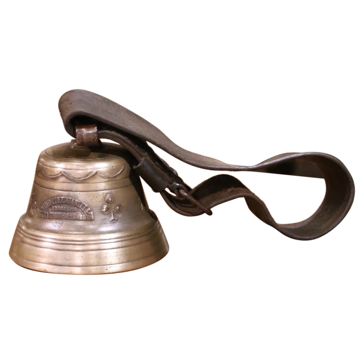 19th C. Swiss Bronze Cow Bell with Leather Strap by Barinotto, Chiantra & Cie