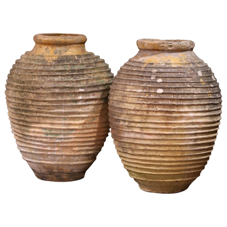 Pair of 18th Century Patinated Greek Terracotta Olive Jars with Ochre Glaze
