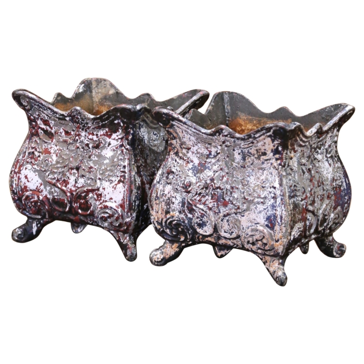 19th C. French Louis XV Cast Iron Planters with Original Polychrome Paint
