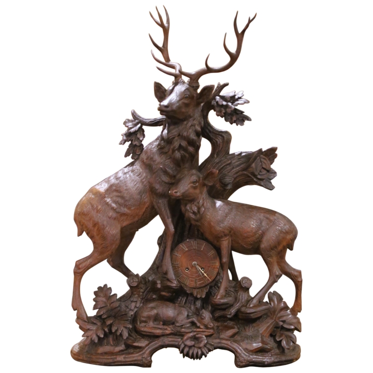 19th Century Black Forest Carved Walnut Stag and Deer Figural Mantel Clock