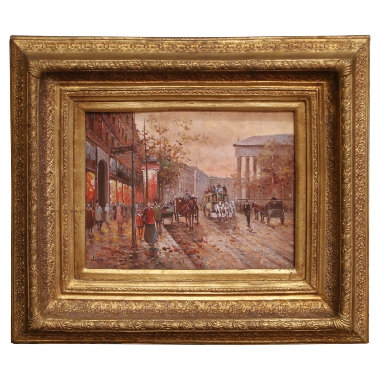 19th Century Paris Street Scene Oil on Panel in Giltwood Frame Signed L. Leje