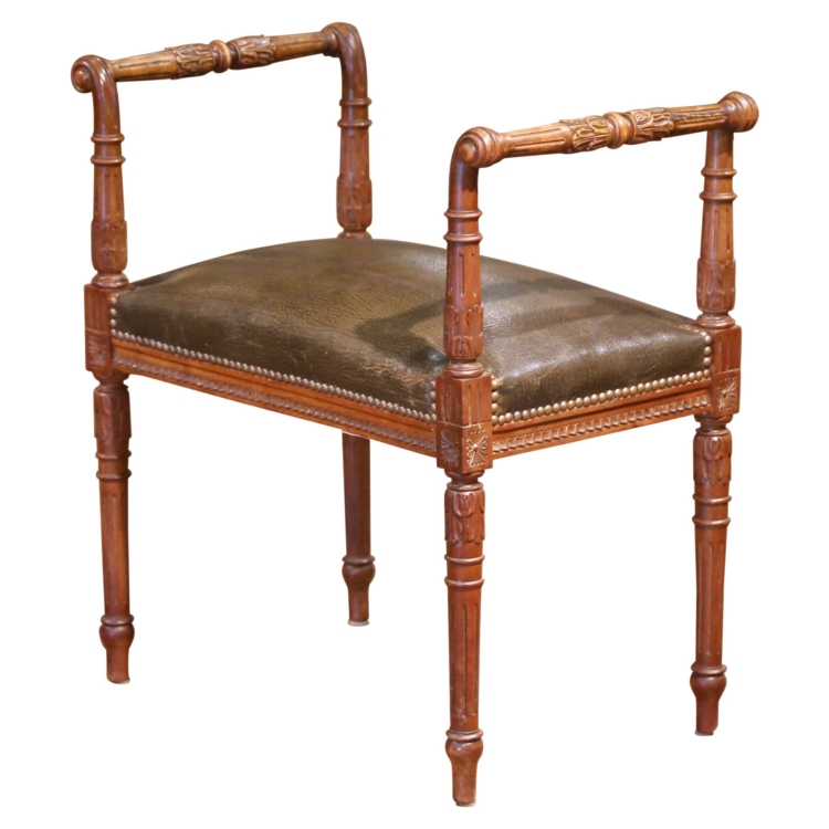 19th C. French Louis XVI Carved Walnut Piano Bench with Leather Seat