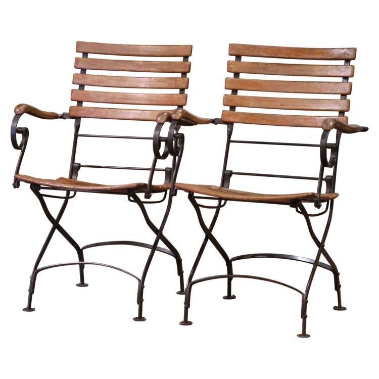 Mid-Century French Iron Frames and Wooden Slats Folding Garden Chairs, Set of 2