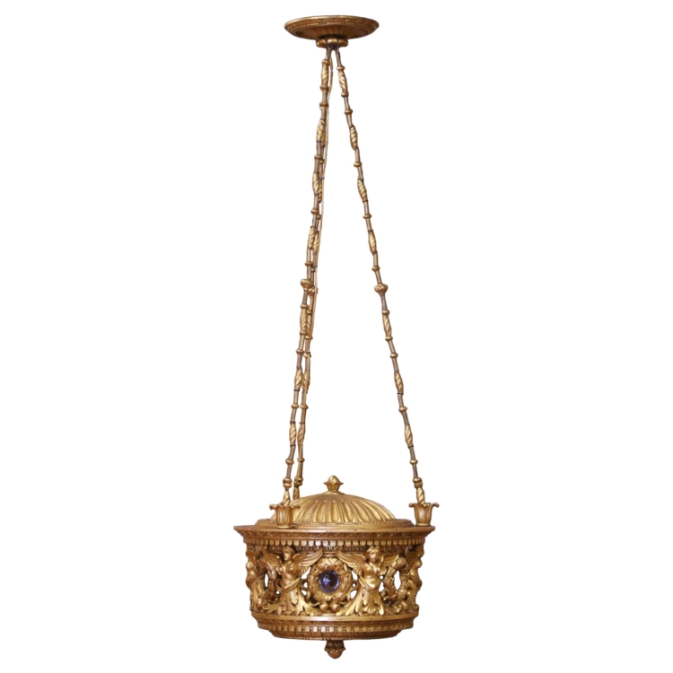 19th C. Italian Neoclassical Giltwood and Glass Chandelier with Figural Carvings