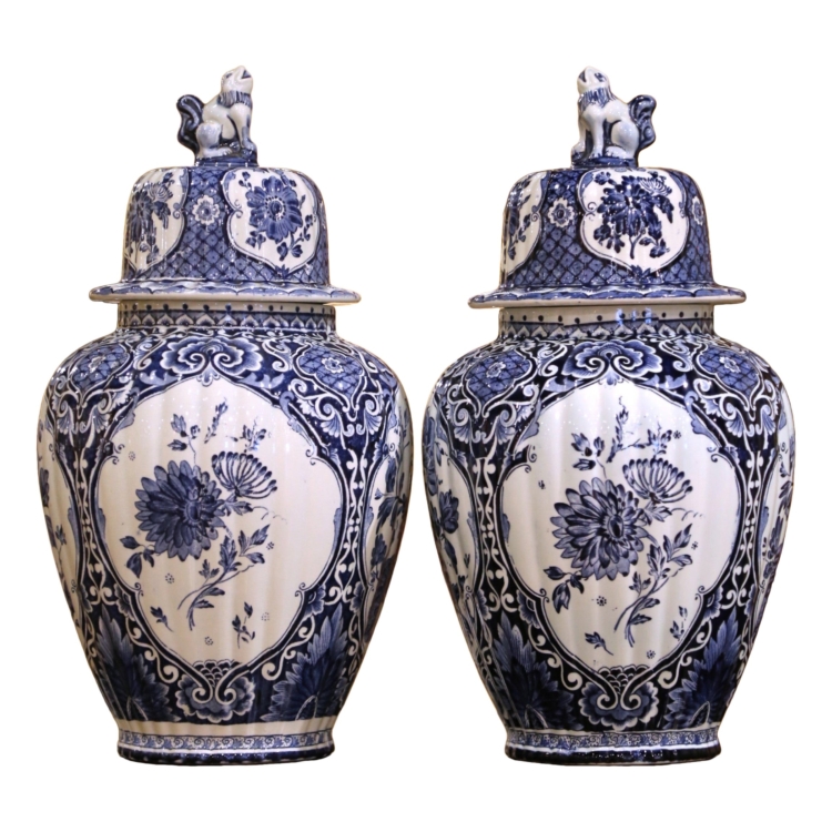 Pair of Blue and White Faience Royal Sphinx Delft Ginger Jars with Foo Dog Lids
