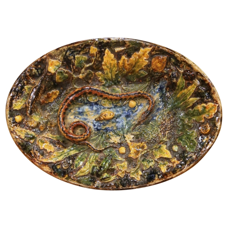 Early 20th Century French Palissy Majolica Platter with Snake, Frog, and Shells