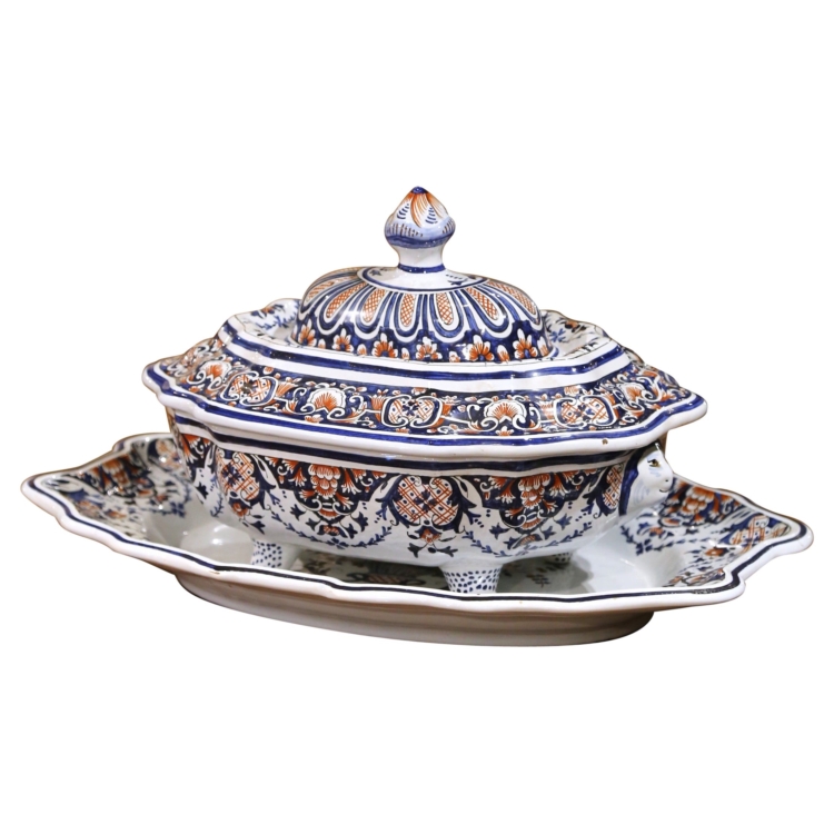 Mid-Century French Faïence Centerpiece from Rouen with Tureen, Platter and Lid