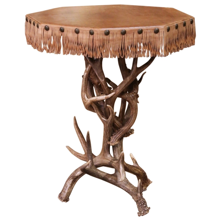 Early 20th C. French Black Forest Antler Octagonal Side Table with Leather Top