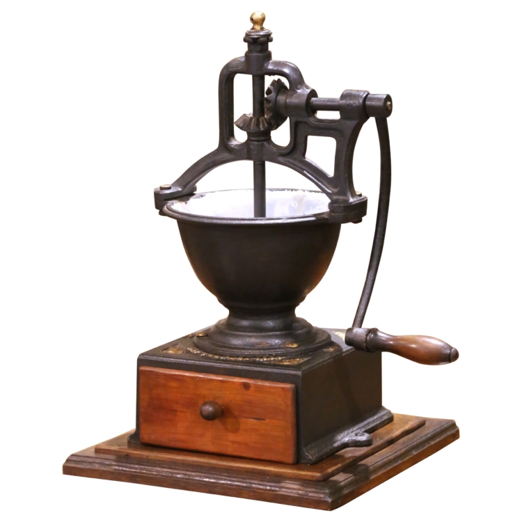 French Cast Iron and Wood Coffee Grinder with Crank and Drawer, Dated 1901