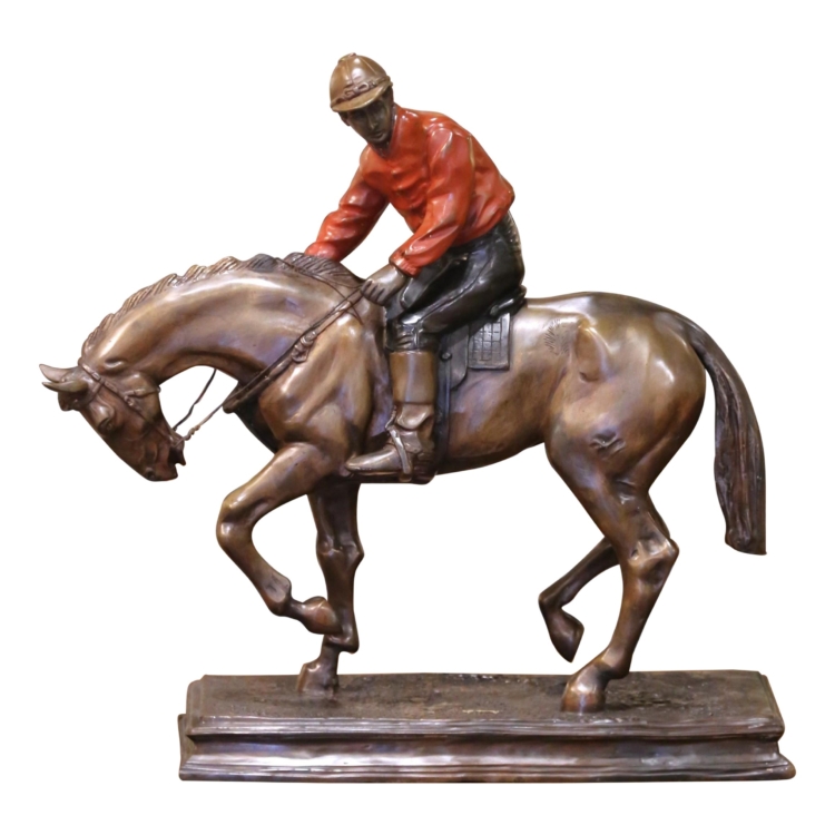 19th Century French Spelter Sculpture of Jockey on Horseback Signed P.J. Mène