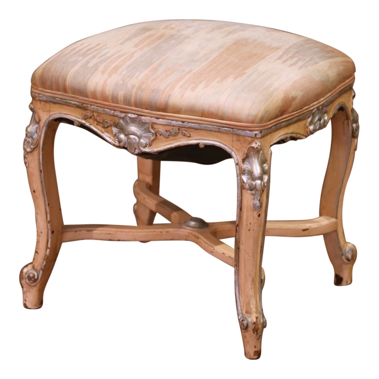 Mid-Century French Louis XV Painted Stool with Carved Shells and Stretcher Base