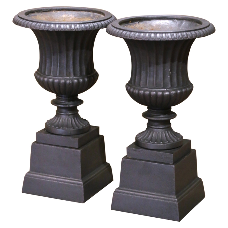 Pair of 19th Century French Neoclassical Cast Iron Urns with Plinth Bases