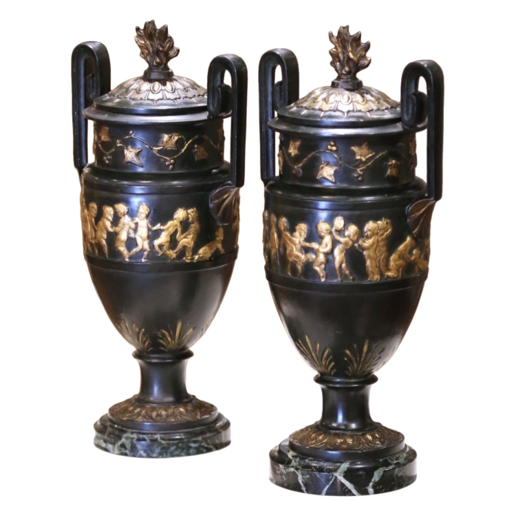 Pair of 19th C. French Neoclassical Cast Iron Cassolettes Urns on Marble Bases