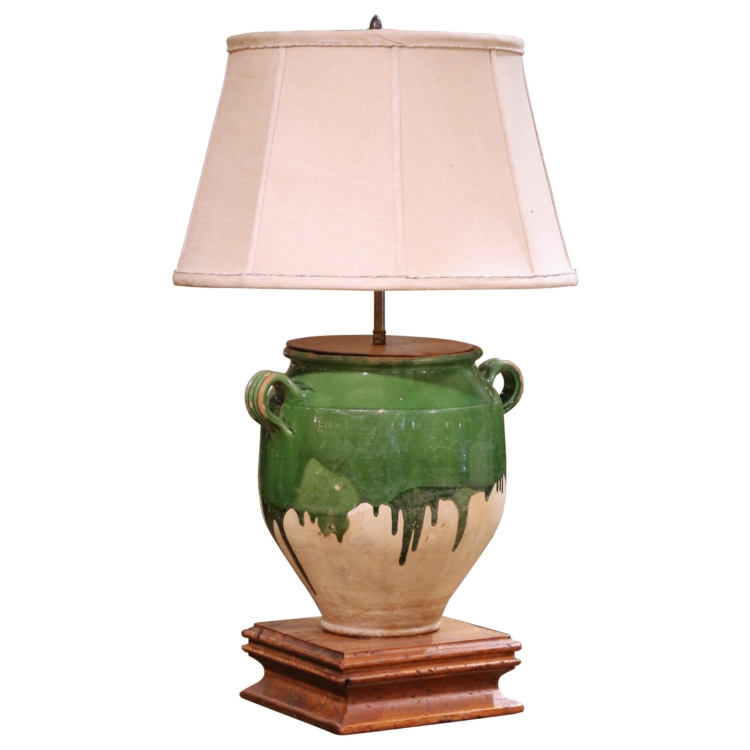 19th C. French Green Glazed Confit Pot Table Lamp with Custom Shade and Finial