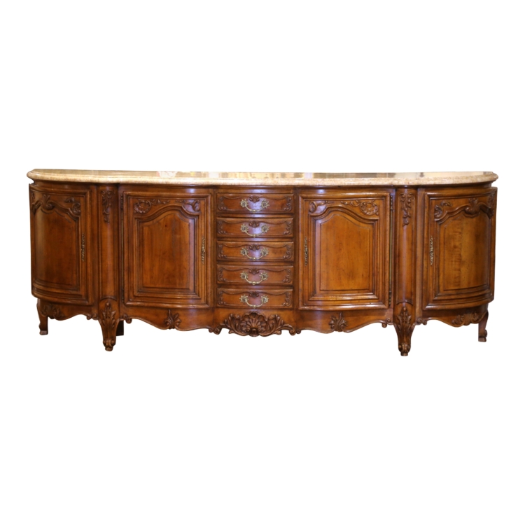 Early 20th C. French Louis XV Marble Top Carved Walnut Four-Door Buffet Enfilade