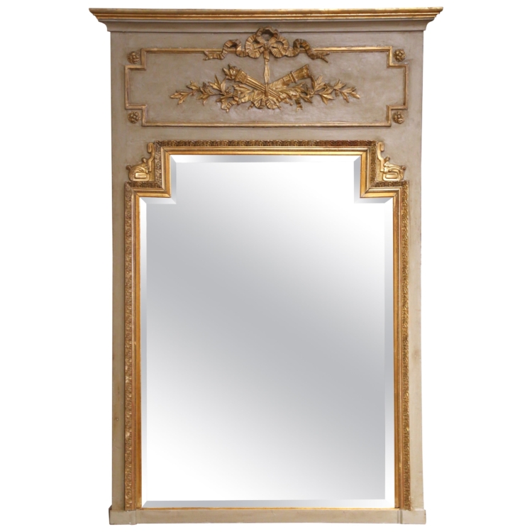 19th C. French Louis XVI Painted and Gilt Trumeau Mirror with Beveled Glass