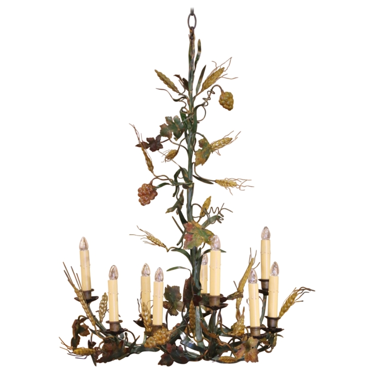 19th Century Italian Hand Painted Brass Grape & Wheat Eight-Light Chandelier