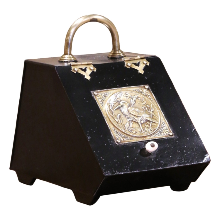 19th Century Victorian English Black Tole Coal Scuttle with Bird Plaque