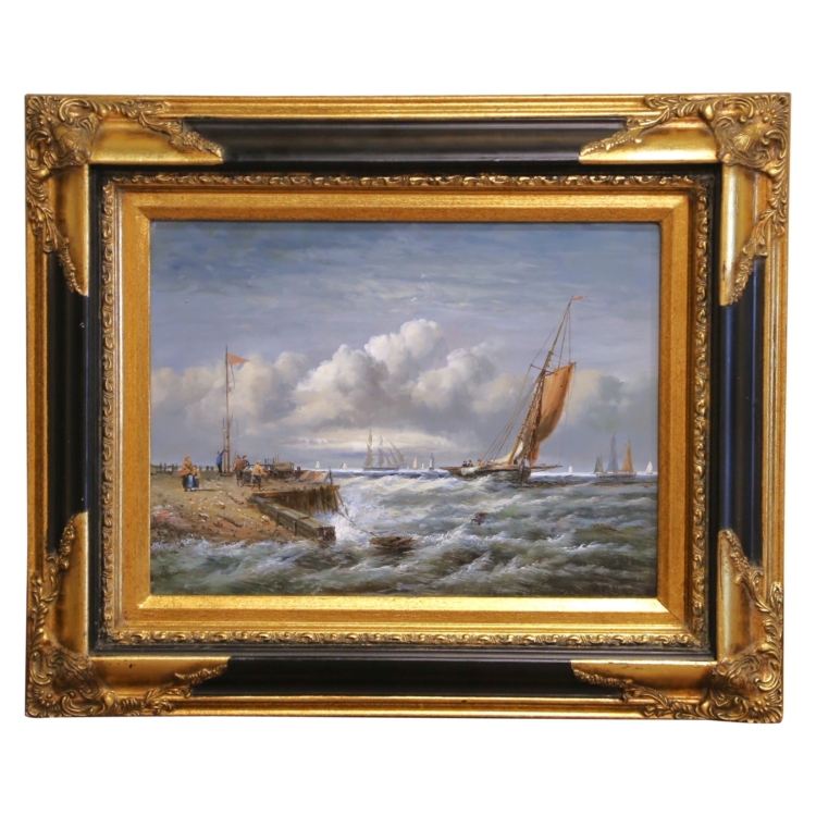 Vintage Signed Italian Marine Harbor Scene Painting with Sailboats and Figures