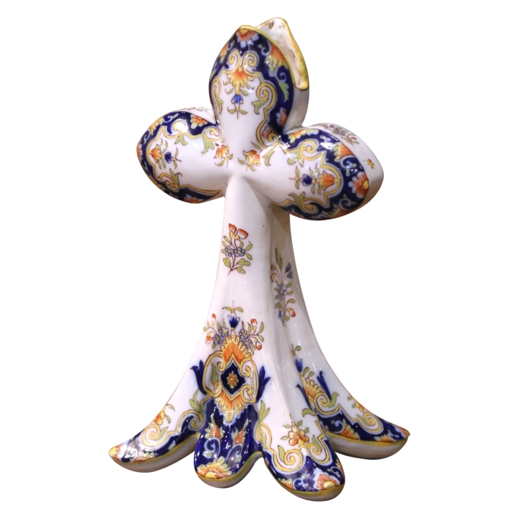 19th Century French Hand-Painted Faience Cross from Rouen, Dated 1885